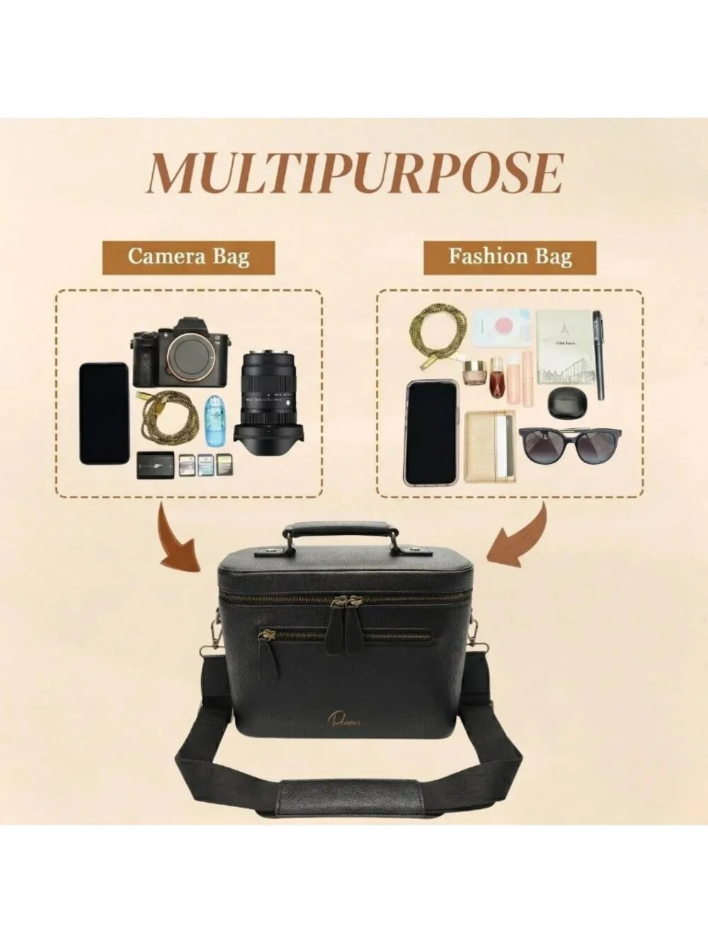 Waterproof Crossbody Camera Sling Bag, PU Leather Small Shoulder Case for DSLR